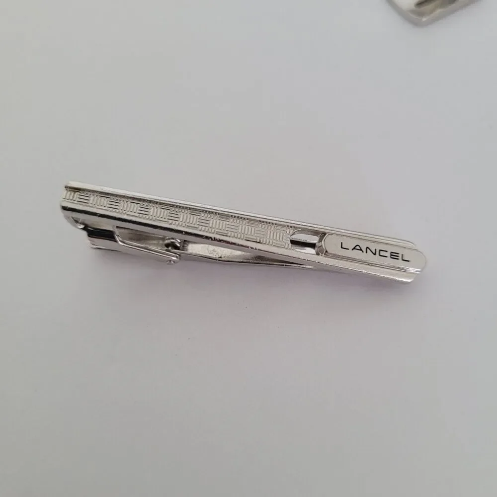 Lancel French Tie Clip Cufflinks Set‎ Silver Tone Logo